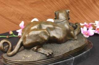 Signed Barye Black Panther Attacking Alligator Bronze Marble Sculpture 
