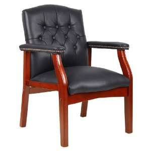  BOSS TRADITIONAL BLACK LEATHER GUEST CHAIR W/ CHERRY 