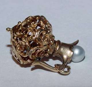 Estate 14K Gold Charm Jar Lacy Jeweled Pearl Vintage 3D  