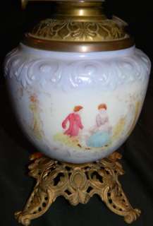 ANTIQUE 1890s MILK GLASS PARLOR LAMP W HALF MOON SHADE  