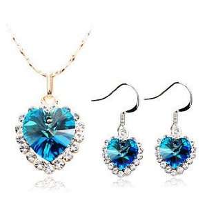 LadyGirl Blue Heart Rhinestone & CZ Pendant Necklace & Earrings, 16.5 
