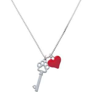  Silver Open Paw Key and Red Heart Charm Necklace: Jewelry