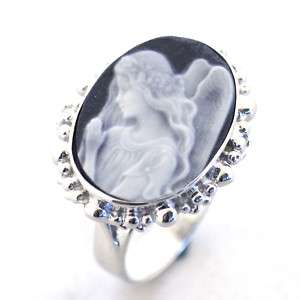 Jade Guardian Angel Cameo Ring in 925 Silver  
