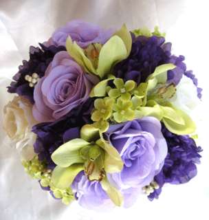   Bouquet Bridal Silk flowers PURPLE GREEN LAVENDER CREAM 17pc package