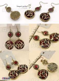   Vintage Hollow Carving Carved Red Stone Rhinestone Earrings  