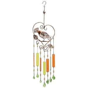 Filigree Bird In Heart Frame with Orange and Yellow Leaf Dangle 