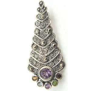 Sterling Silver Marcasite with Faux Amethyst Christmas Tree Brooch Pin 