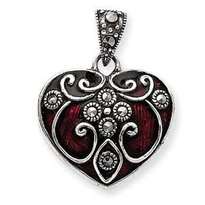   Silver Red Enamel & Marcasite Heart Pendant Vishal Jewelry Jewelry