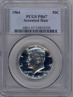 1964 ACCENTED HAIR PROOF KENNEDY HALF GRADED PCGS PR67  