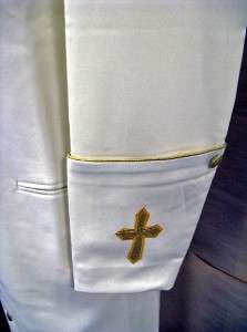 New Mens Clergy Preacher Pastor Cassock Robe Cream/Gold With Cross on 