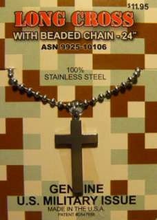 Military Issue Christian LONG Cross Pendant Stainless Steel w Chain 