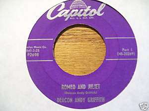 DEACON ANDY GRIFFITH ROMEO AND JULIET 45 RPM  