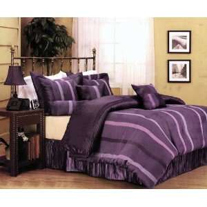 Pleated Purple Stripe Comforter Set Bed In A Bag Queen:  