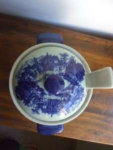 Vintage Blue Willow Style Bean Pot Crock w/ Ladle Victoria Ware Double 