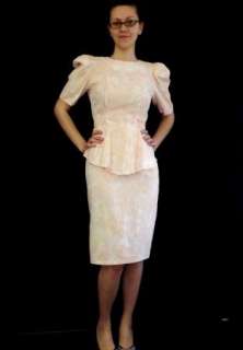   Peach & White Cotton Peplum Pencil 40s Retro Big Shoulder Dress sz M