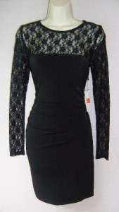 LAUNDRY by DESIGN Black Lace Cocktail Ruched Stretch Jersey Evening 