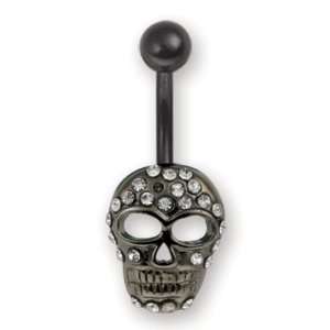   Body Piercing Clear Stone Encrusted in Black Skull Belly Ring Jewelry
