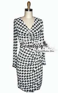 Fashion V neck Houndstooth Prints Spandex Long Sleeves Gown Womens 
