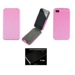 iPhone 4 Pink Carbon Fiber Leather Cradle Case with Screen Guards 