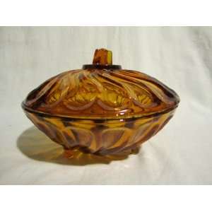   Amber Glass  Swirl  Covered Candy Dish w/ Lid   Marked Brazil