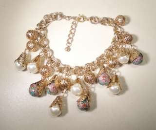 Vintage 70s White Glass Pearl and Flower Cloisonne Drop Bib  Bead 