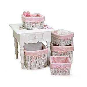  5 Piece Girl Gingham Basket Set For Baby Nursery Storage 