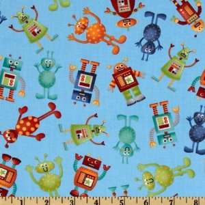  44 Wide Space Aliens & Robots Blue Fabric By The Yard 