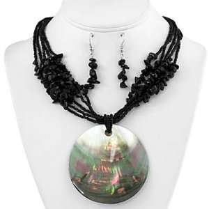   & Seed Bead Necklace & Earring Set w/ Large Iridescent Shell Pendant