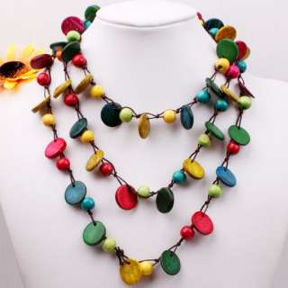 Cool Mixed Coconut Shell Round Beads Long Necklace 52L  