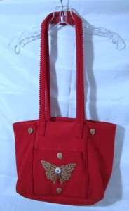 Jill Purse Shoulder Bag Handbag, Red Felt, Butterfly Motif, Strap 