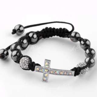   Hematite Disco Ball Cross Pave Beads Woven Macrame Bracelet Hip Hop