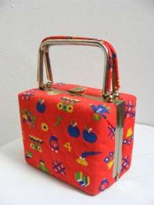   50s 60s Childs Small Quilted Cotton Box Purse Handbag Preschool Print