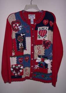 UGLY tacky Beaded embroidered red hearts sweater M  