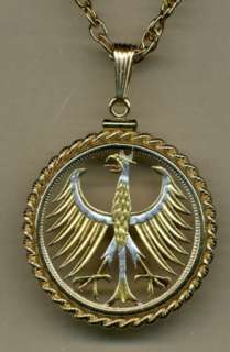 Gold on Silver Cut Coin German 5 Mark Eagle Necklace RB  