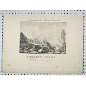  Antique Engraving Country Scene Rocks Trees Hills