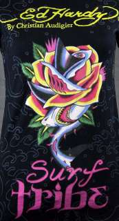 ED Hardy Womens Surf Tribe Shark Rose Black T Shirt M  