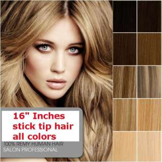 16 inches Remy Human Hair Extensions all colors 100S Stick Tip I TIP 