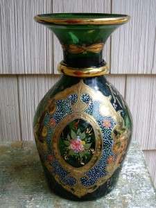 Large Hand Painted Emerald Green Floral Glass Vase  