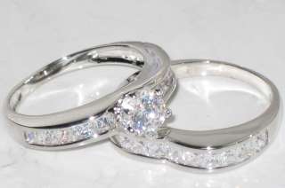 r021 PRINCESS SIMULATED DIAMOND RING wedding BAND SET 18KT WHITE/ GOLD 