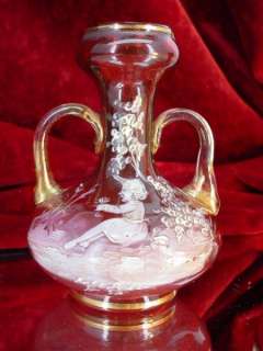 PAIR Antique MARY GREGORY Cranberry GLASS VASES Sandwich HAND PAINTED 