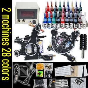 Complete tattoo kit 2 machines 28 color inks set supply needles 