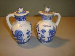   Made In Japan BLUE WILLOW OIL and VINEGAR JARS Pitchers 5 1/4  
