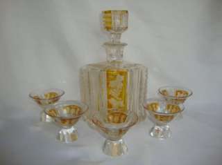 BOHEMIAN YELLOW GLASS DECANTER SET GRAPE CLUSTERS  