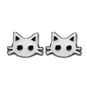 Tomas Sterling Silver Enamel Stud Earrings   White Cat with Whiskers