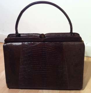 VINTAGE 1940s Brown LIZARD Handbag Tote Purse Evening Bag  