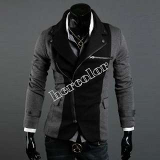 2012 New Mens Fashion Slim Fit Designed Coat Jacket Black Gray Oblique 