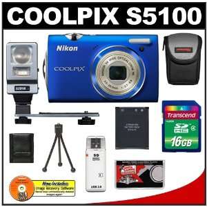  Nikon Coolpix S5100 Digital Camera (Blue) with 16GB Card 