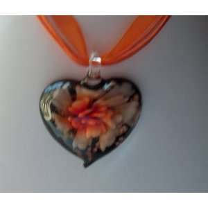  Fashion Jewelry ~ Murano Glass Orange Heart Flower Pendant 