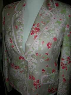   Pink Floral Print Linen Rayon Blazer Career Jacket 10 M NICE!  