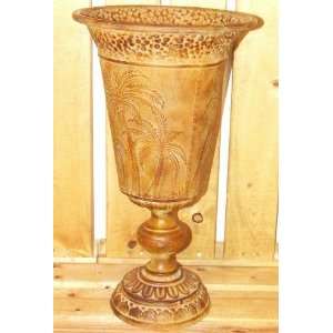   Carved Brown/Gold Metal Vase with Palm Tree Design: Home & Kitchen